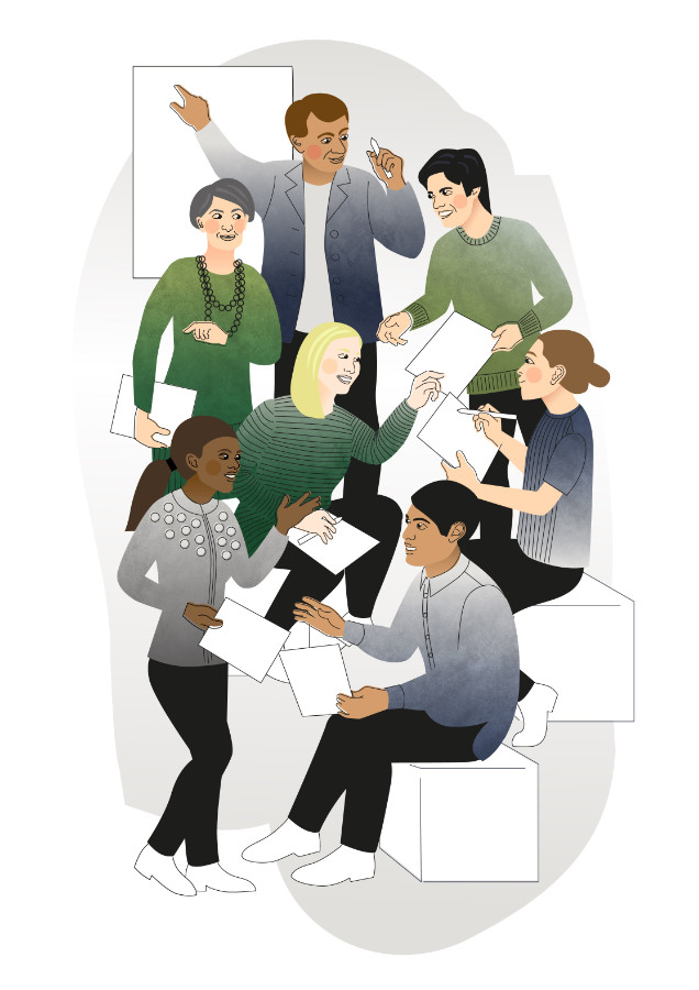 A drawing of people working together.
